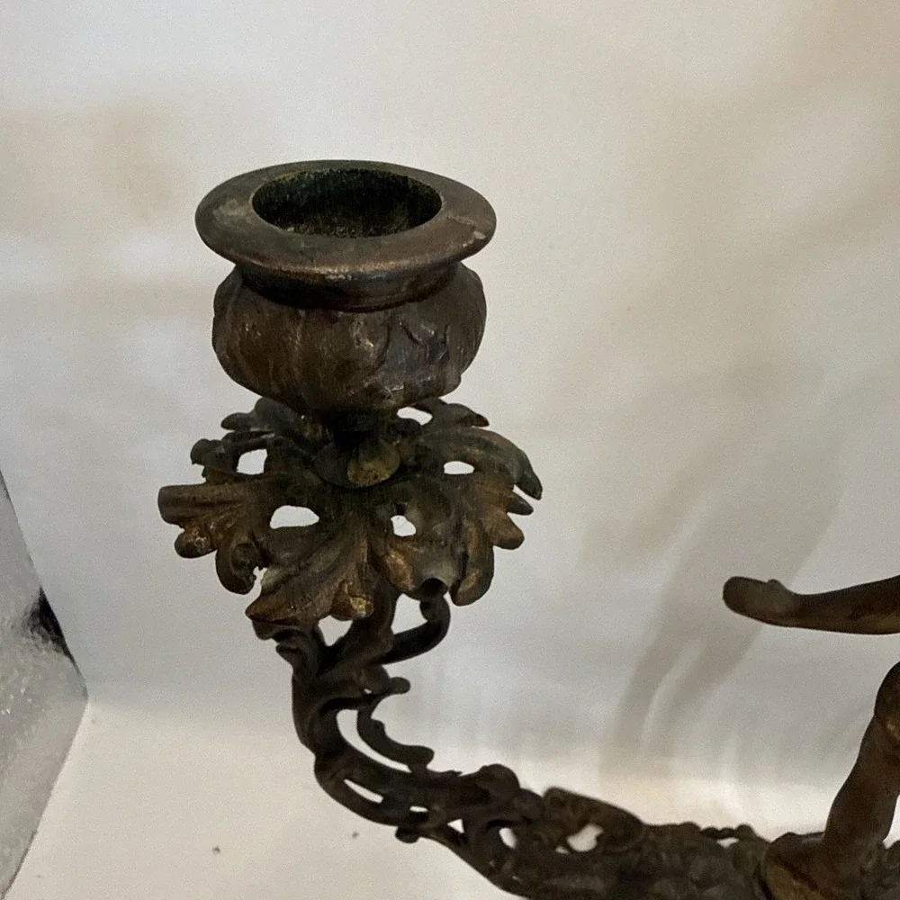 Vintage Bronze Candelabra Lady Figurine 2-Arm Candle Holder Ornate Victorian Bro